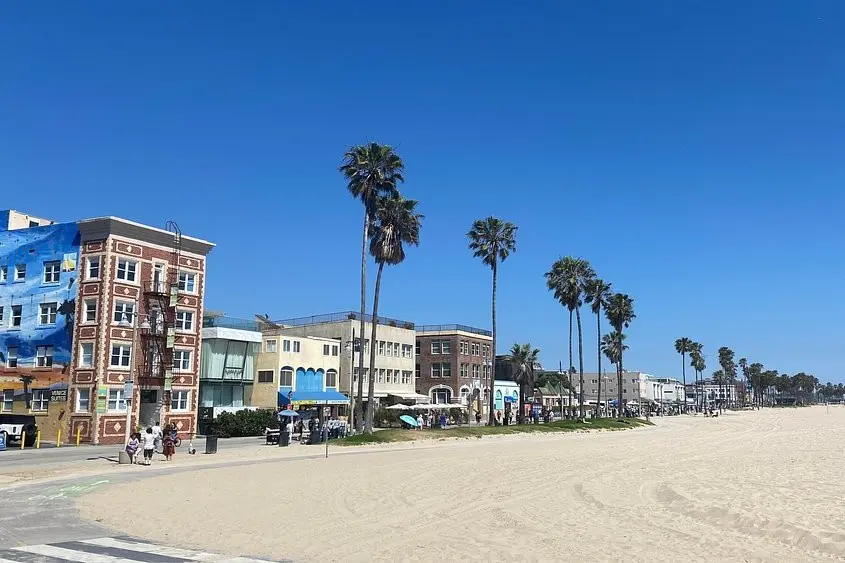 Palm trees and colorful buildings line the boardwalk at Venice Beach in Los Angeles.