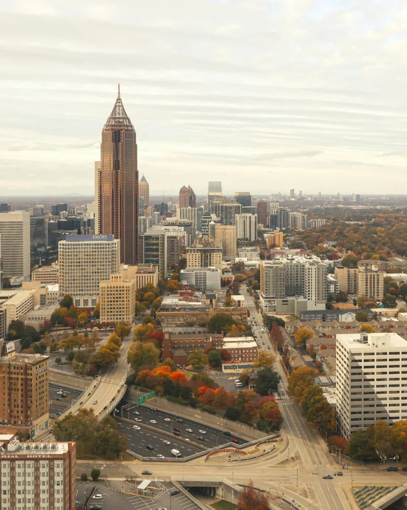 High-angle view of Bank of America Plaza and surrounding skyscrapers in Atlanta, Georgia