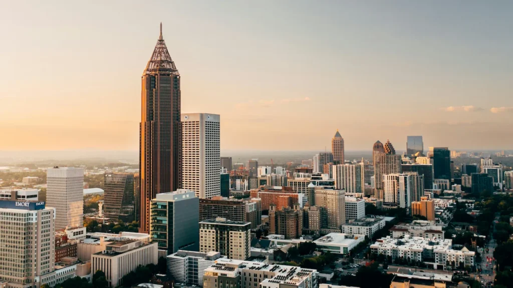 Atlanta skyline featuring the Bank of America Plaza at sunset
