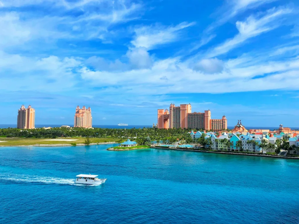 A ferry boat passing the Atlantis Resort skyline on Paradise Island, Bahamas