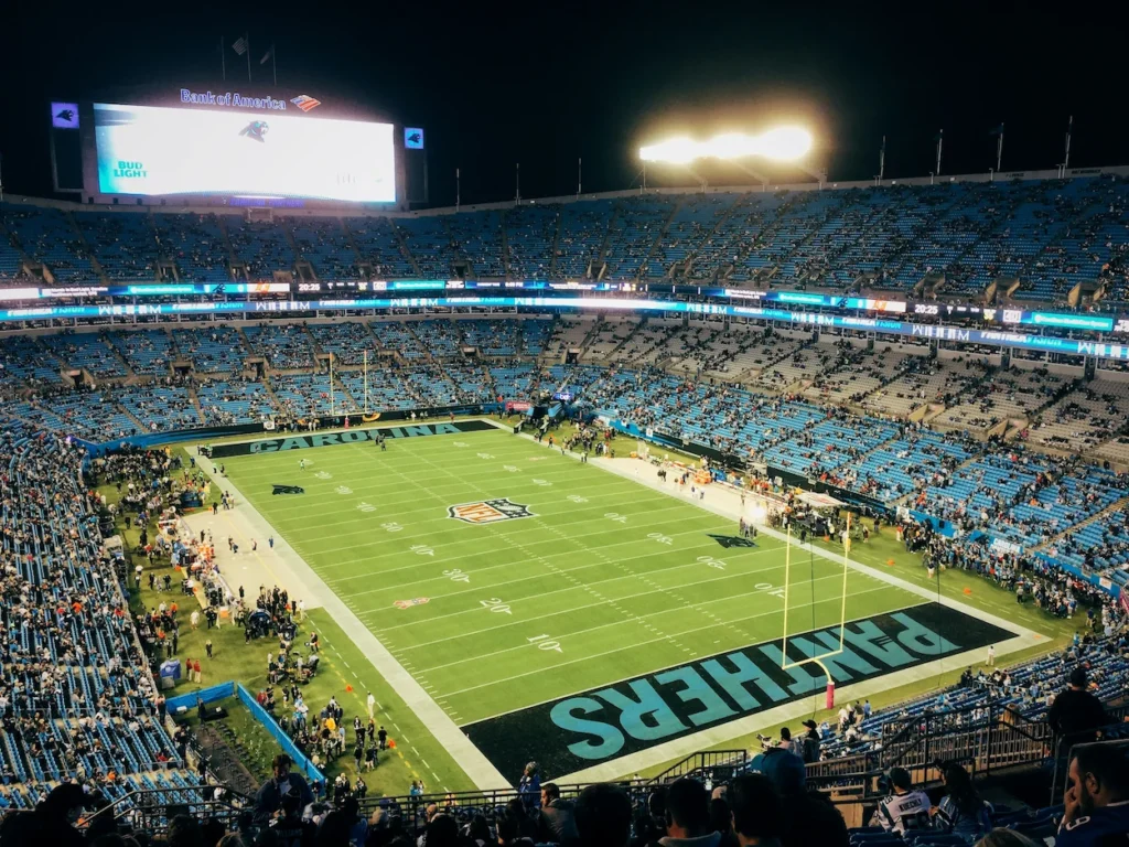 Bank of America Stadium football field stands night Carolina Panthers endzone