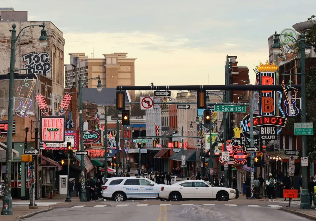 Neon signs for B.B. King's Blues Club and Blues City Cafe lining Beale Street in Memphis
