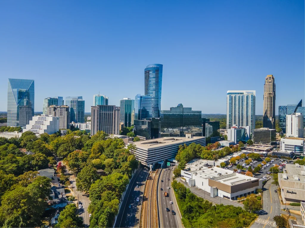 Dense skyline of modern high-rises and skyscrapers in the Buckhead district of Atlanta Georgia