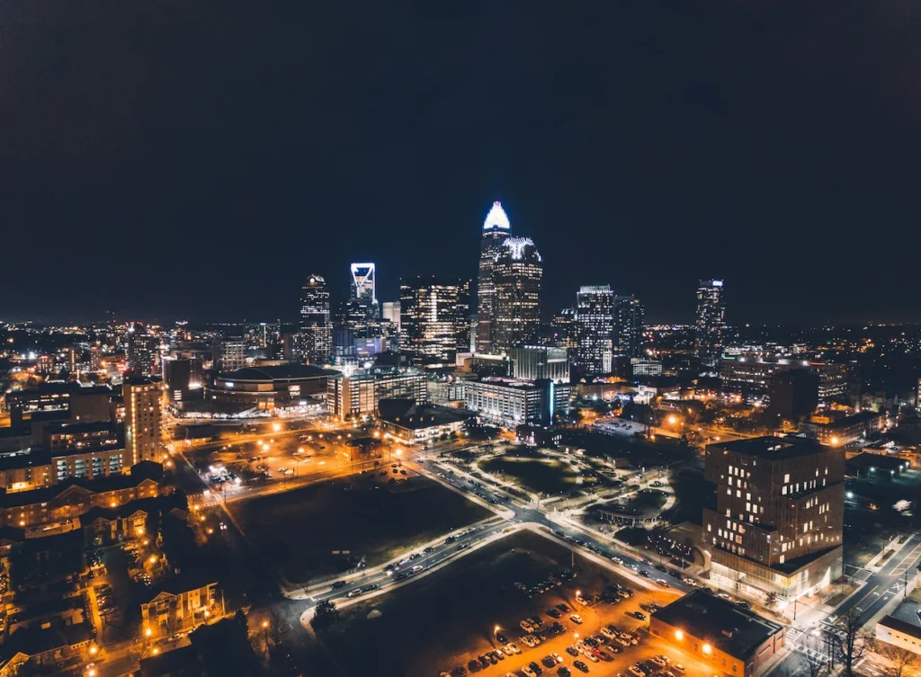 Charlotte skyline and Uptown skyscrapers illuminated at night