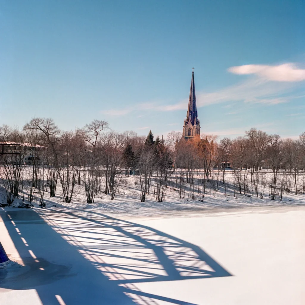 Christ Church Cathedral spire winter snow covered ground bridge shadow foreground