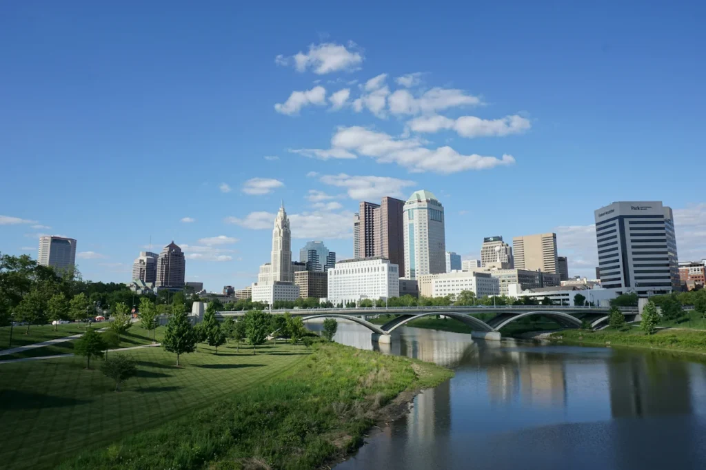 Downtown Columbus skyline with the Discovery Bridge over the Scioto River