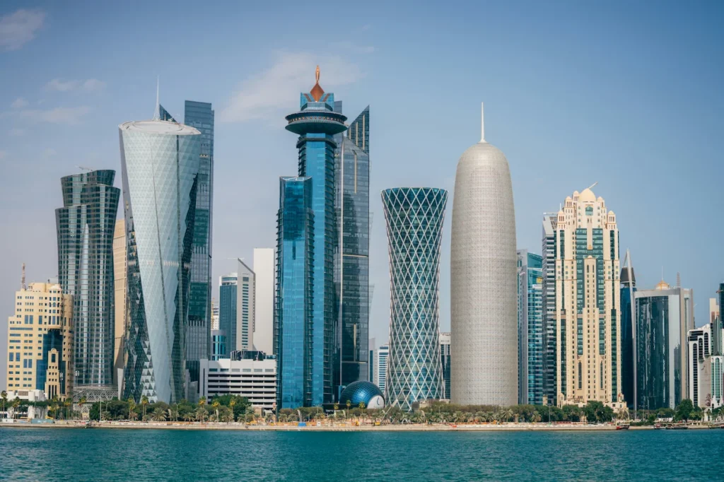 Doha skyline featuring the Doha Tower along the Persian Gulf