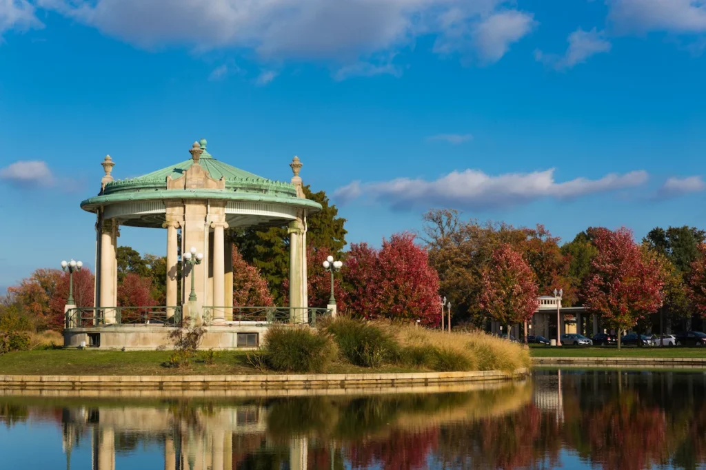 Forest Park Nathan Frank Bandstand Pagoda Circle autumn trees reflection lake