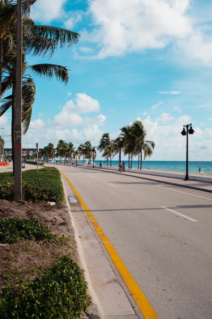 Fort Lauderdale beach highway A1A lined with palm trees next to the ocean