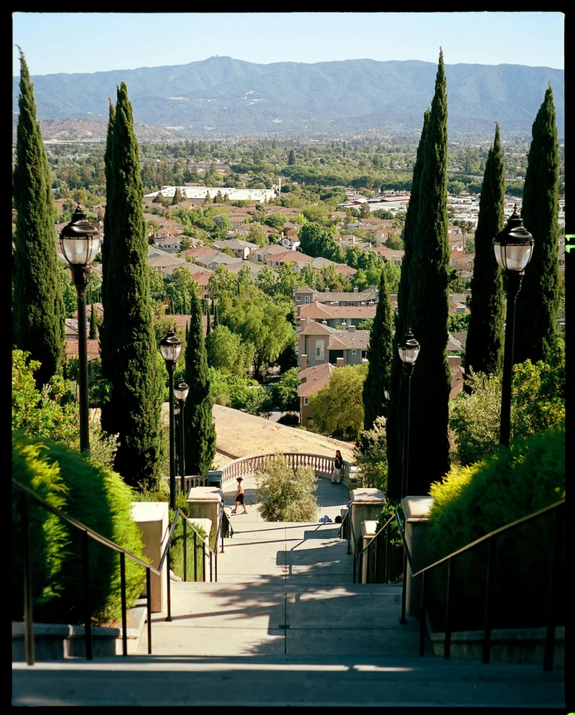 The steep concrete Grand Staircase rising up Communication Hill in San Jose