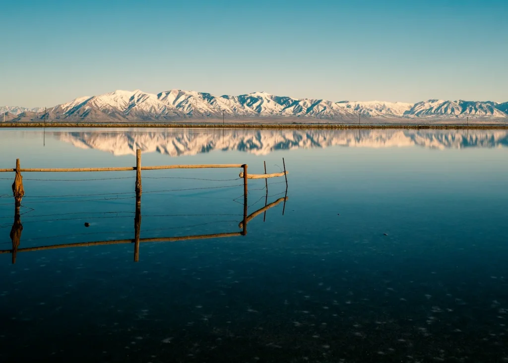 A wooden fence standing in calm water at Great Salt Lake State Park, United States