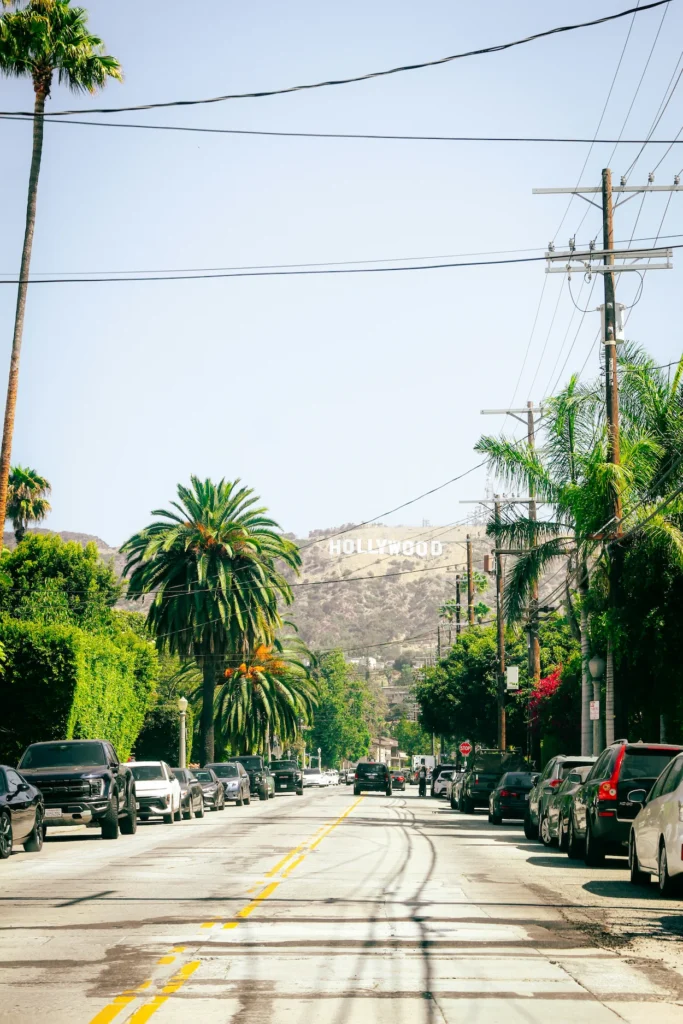 View looking up Windsor Boulevard toward the distant Hollywood Sign framed by palm trees and utility poles in Los Angeles
