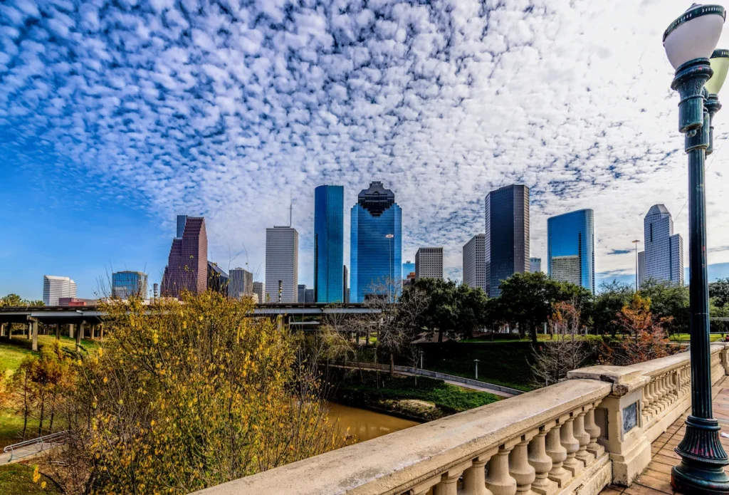 Downtown Houston skyline viewed from the Sabine Street Bridge over Buffalo Bayou
