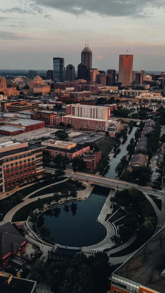 Aerial view of the Canal Walk basin with the downtown city skyline in Indianapolis, Indiana
