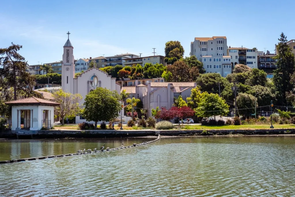 Our Lady of Lourdes Church viewed across Lake Merritt