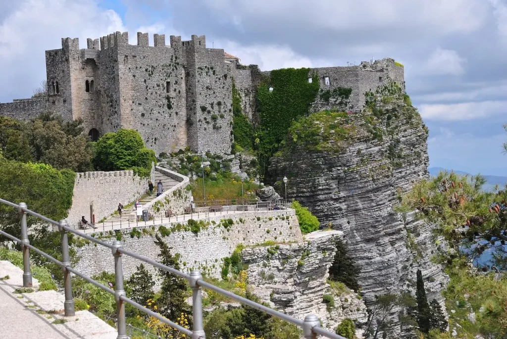 Erice crowns a misty mountaintop above Trapani