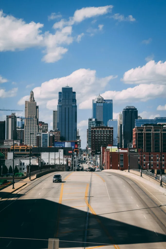 Looking down the Main Street overpass bridge toward the downtown Kansas City skyline in Missouri