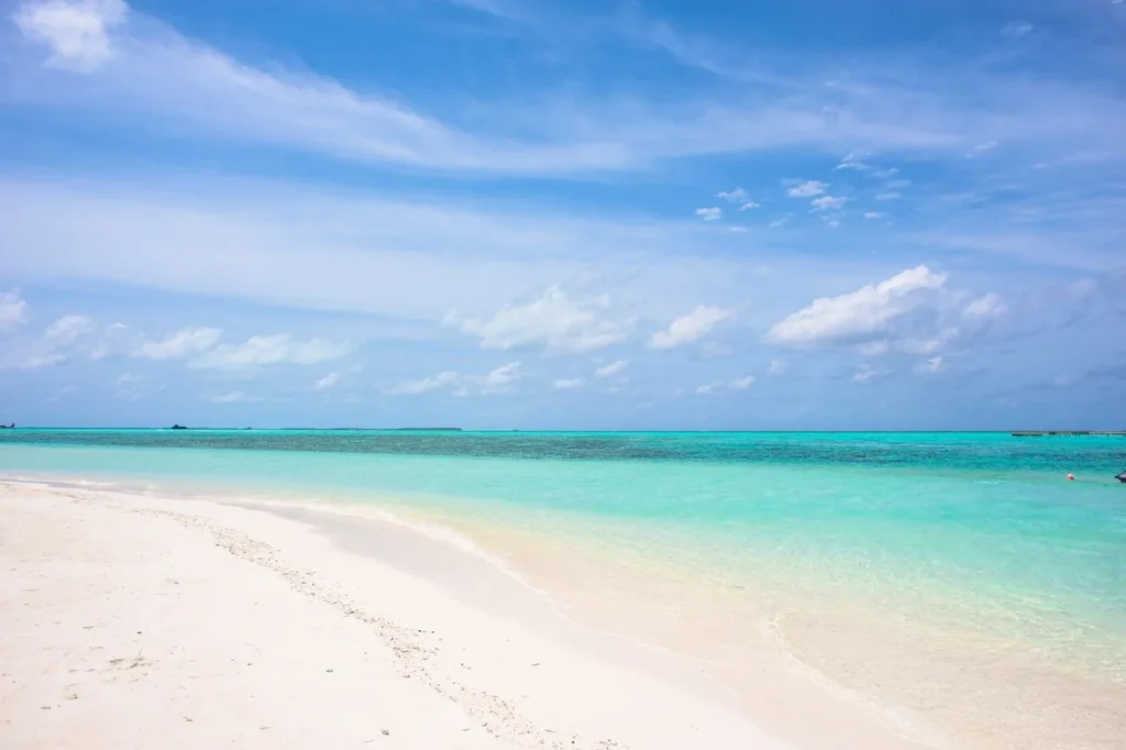 Pristine white sand beach meeting clear turquoise ocean under a blue sky