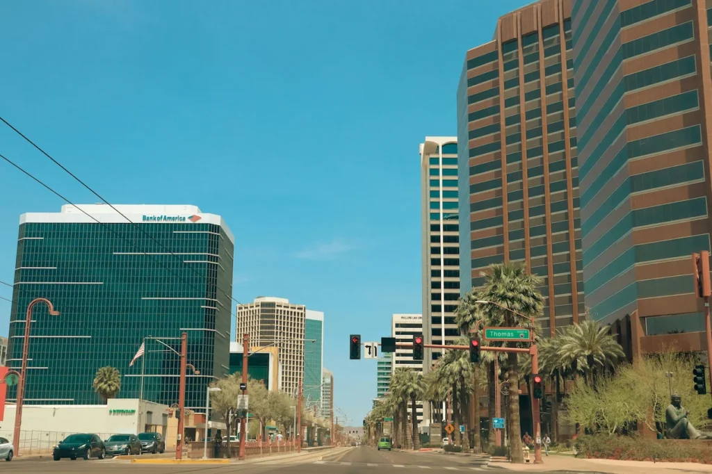 Skyline view of office buildings on Central Avenue at the Thomas Road intersection in Midtown Phoenix