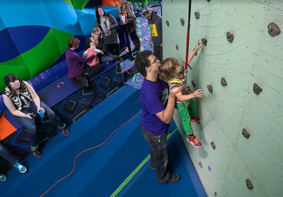 The climbing wall at Bounce Milwaukee