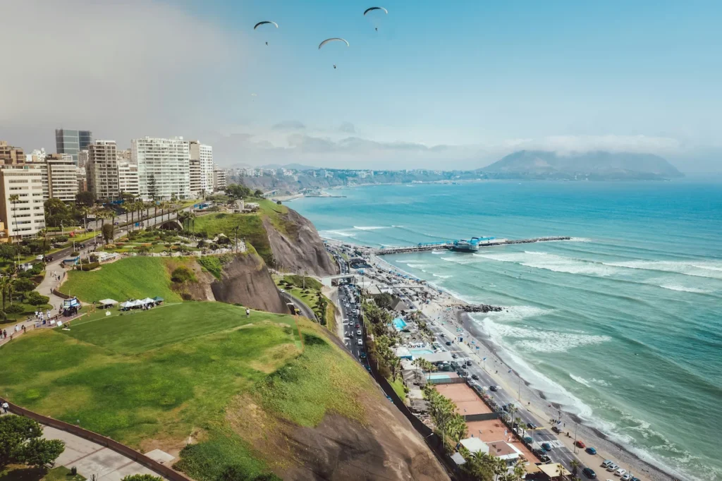 Miraflores cliffs and boardwalk overlooking the Pacific Ocean coastline in Lima