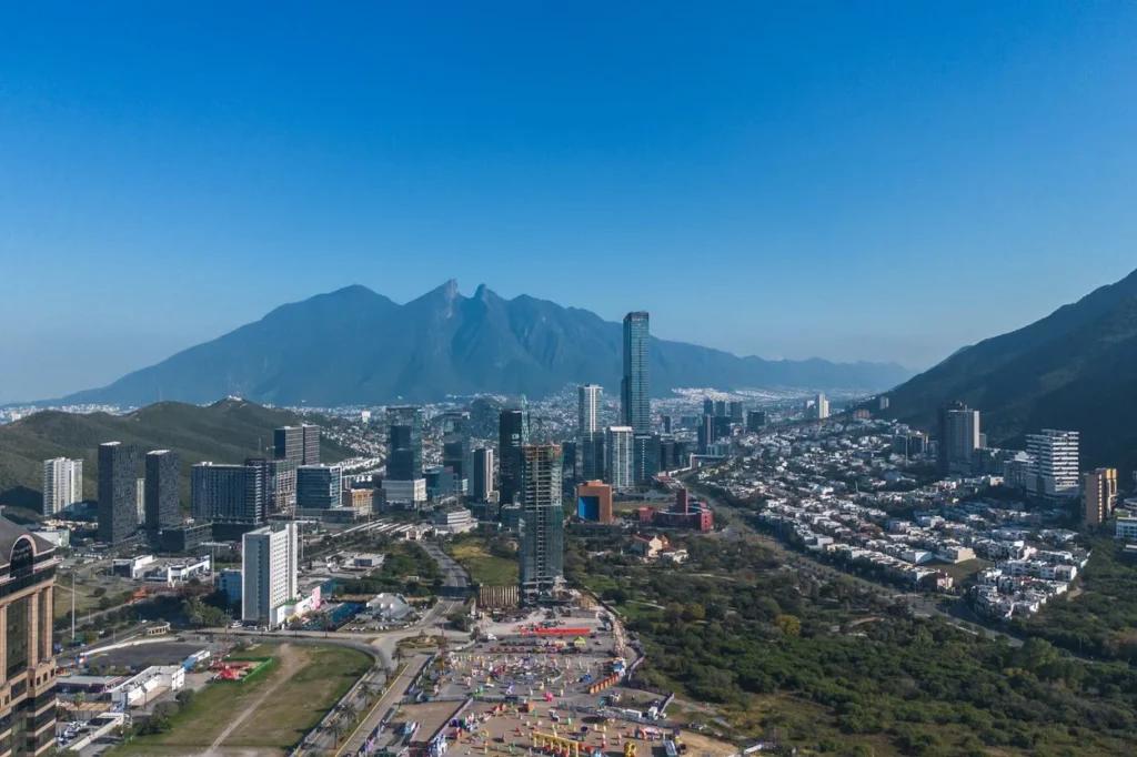 High-angle view of the Monterrey skyline and Cerro de la Silla mountain in Mexico