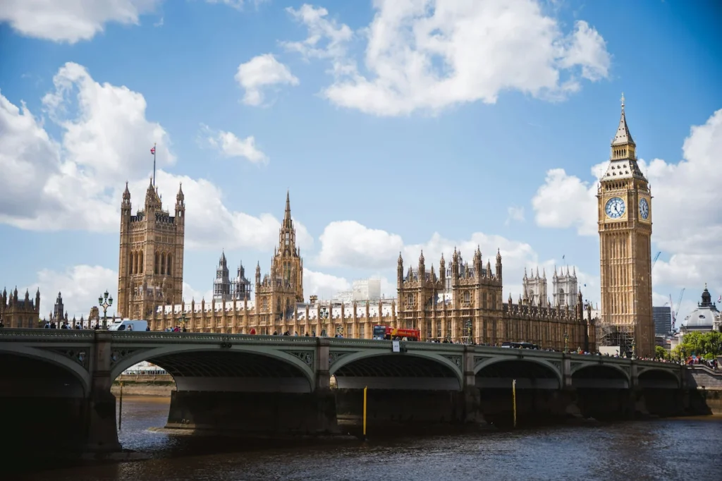 Big Ben and Palace of Westminster viewed across Westminster Bridge in London