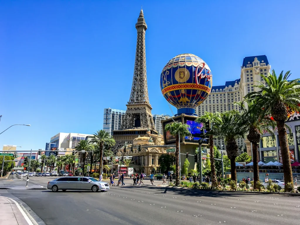 Paris Las Vegas hotel casino Eiffel Tower replica hot air balloon marquee street view intersection