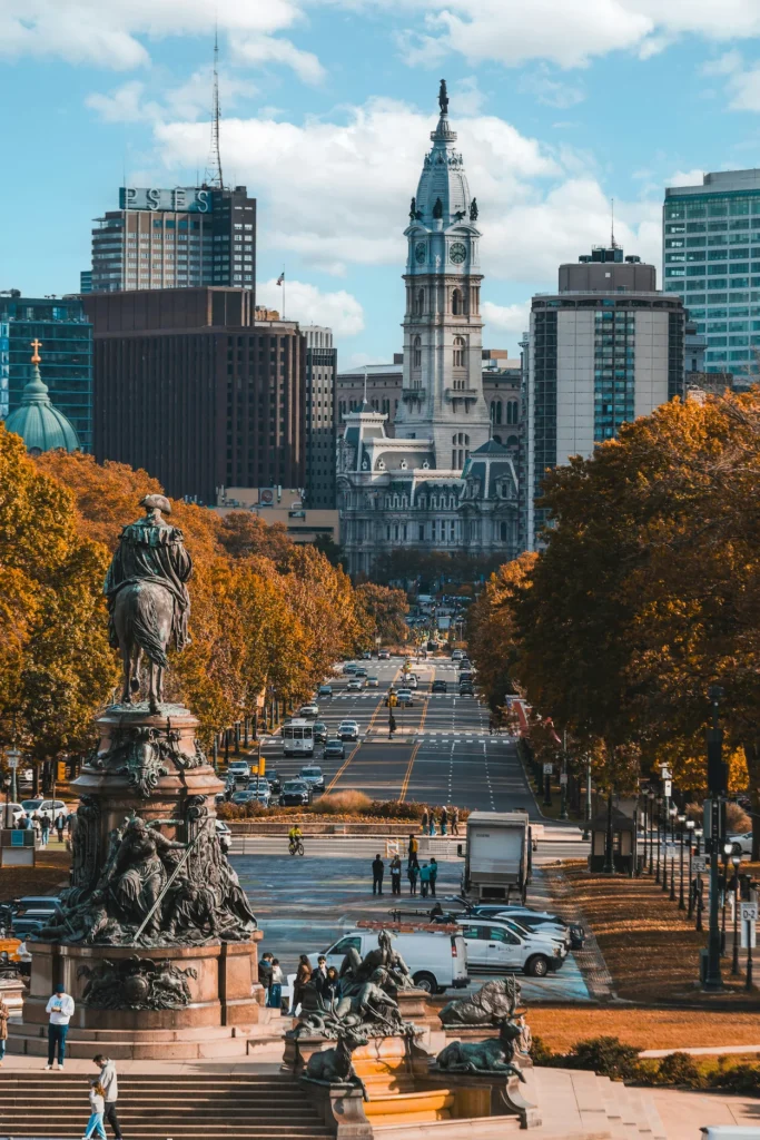 George Washington Monument looking down the Benjamin Franklin Parkway toward City Hall in Philadelphia, Pennsylvania