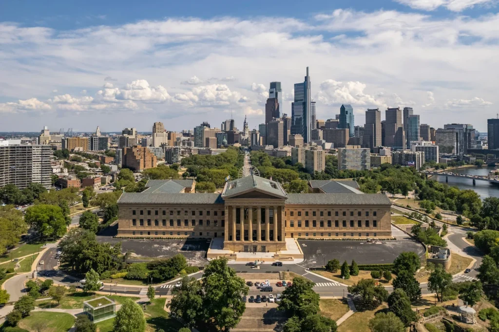 Philadelphia Museum of Art with Center City skyline behind it