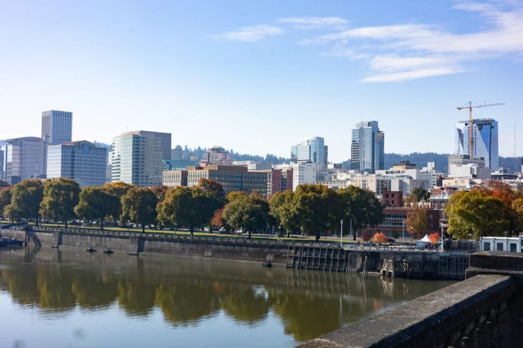 Portland city skyline and bridges stretching across the Willamette River