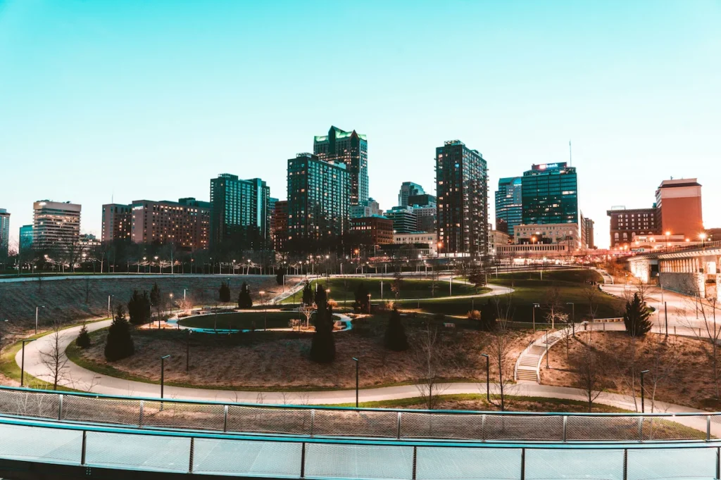 Railroad Park stretching toward the downtown skyline in Birmingham