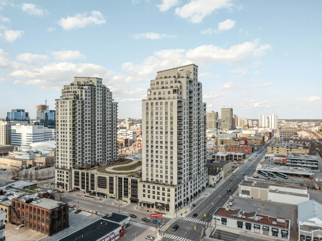 Aerial view of the twin Renaissance condo buildings in London, Ontario