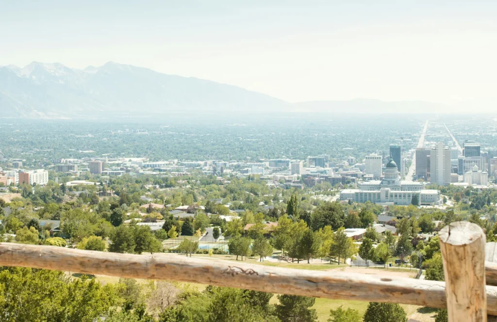 Panoramic view of the downtown Salt Lake City skyline and valley from the Ensign Peak trail