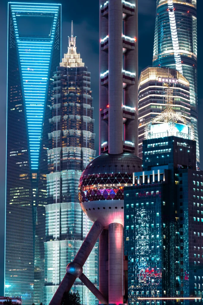 Illuminated Shanghai Pudong skyscrapers and Oriental Pearl Tower at night