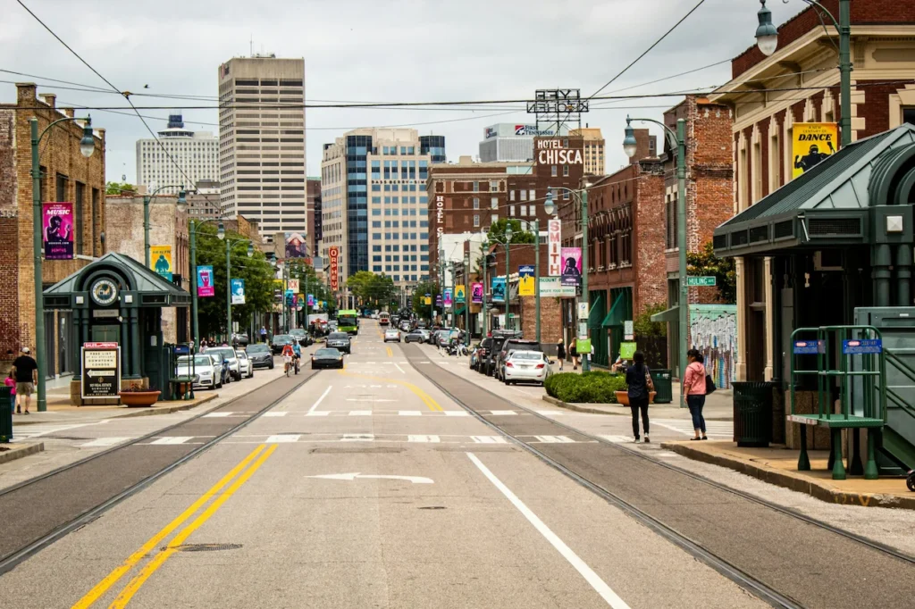 Looking down the trolley tracks of South Main Street toward the downtown Memphis skyline