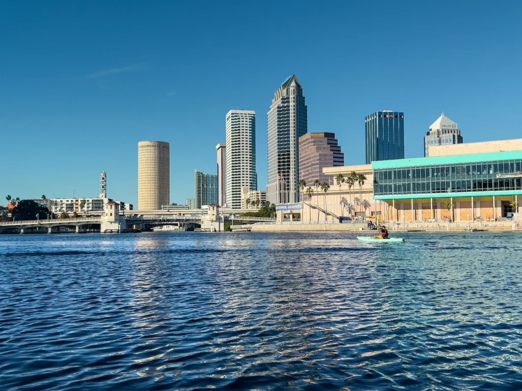 Downtown Tampa skyline and the Riverwalk viewed across the Hillsborough River
