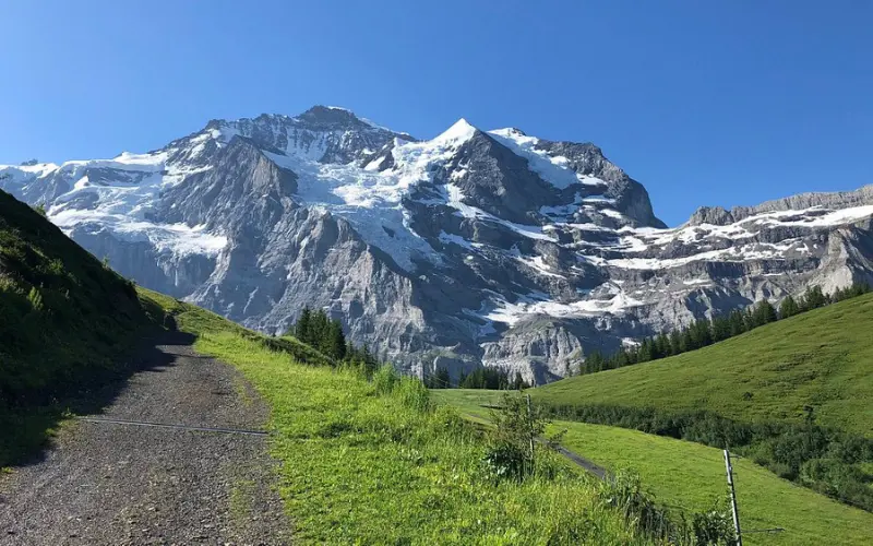 The green Eiger Trail leads toward the snowy Eiger mountain.