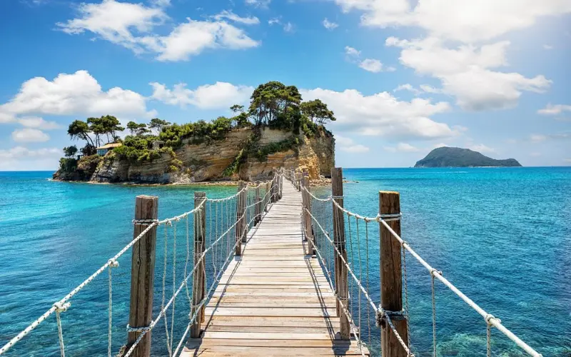 Wooden bridge leading to a small island at Laganas.