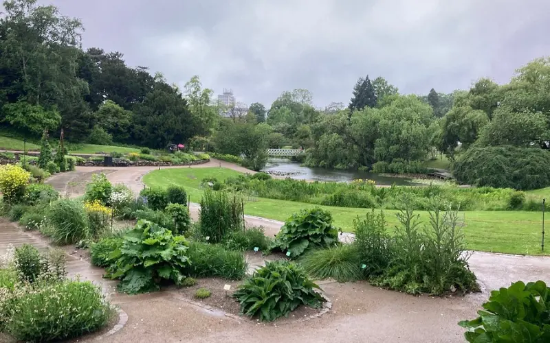 Lush green paths and a pond at the Botanical Garden in Copenhagen.