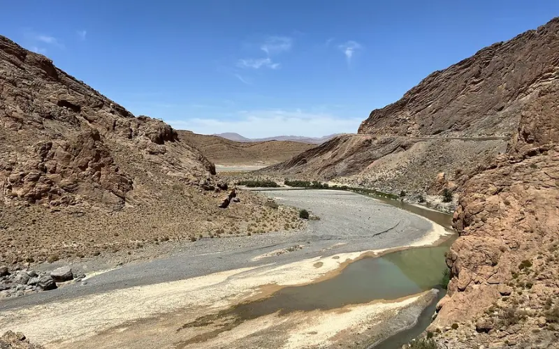 River winding through rocky slopes in the Atlas Mountains near Marrakech.