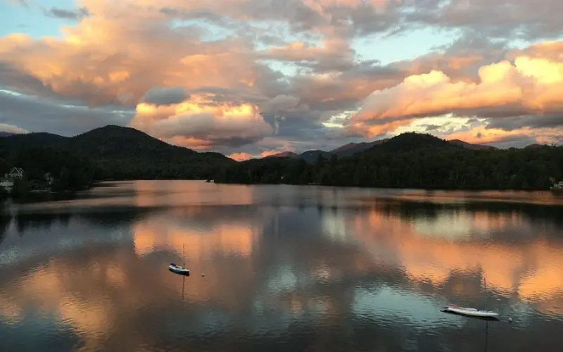 Sunset reflection on the water at Mirror Lake.