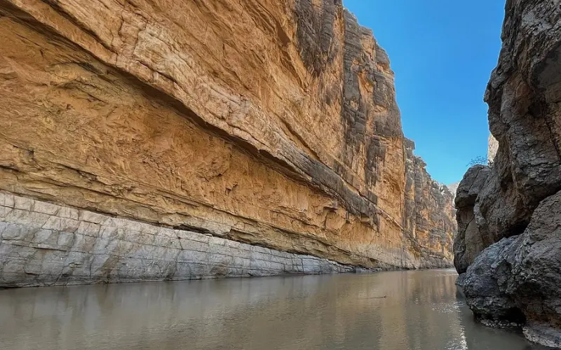 Steep canyon walls rising above the river at Santa Elena Canyon.