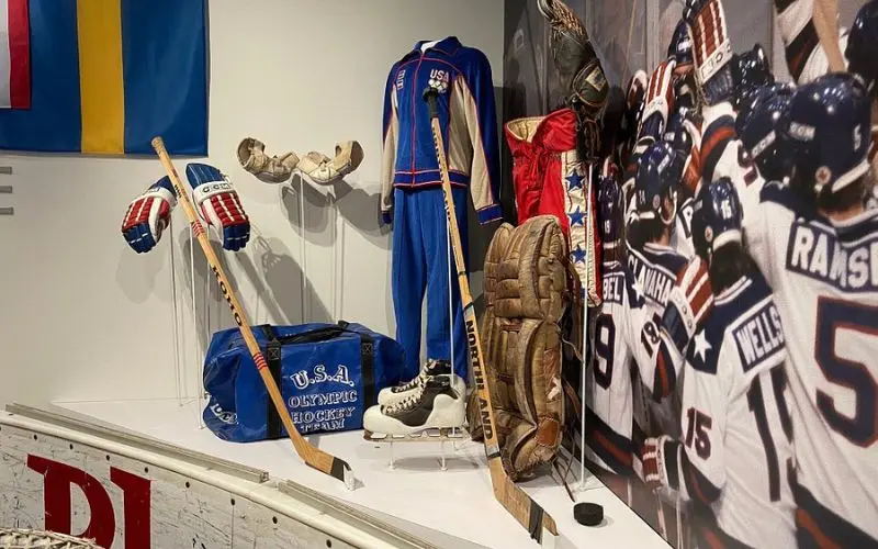 USA Olympic hockey gear display at Lake Placid Olympic Museum.