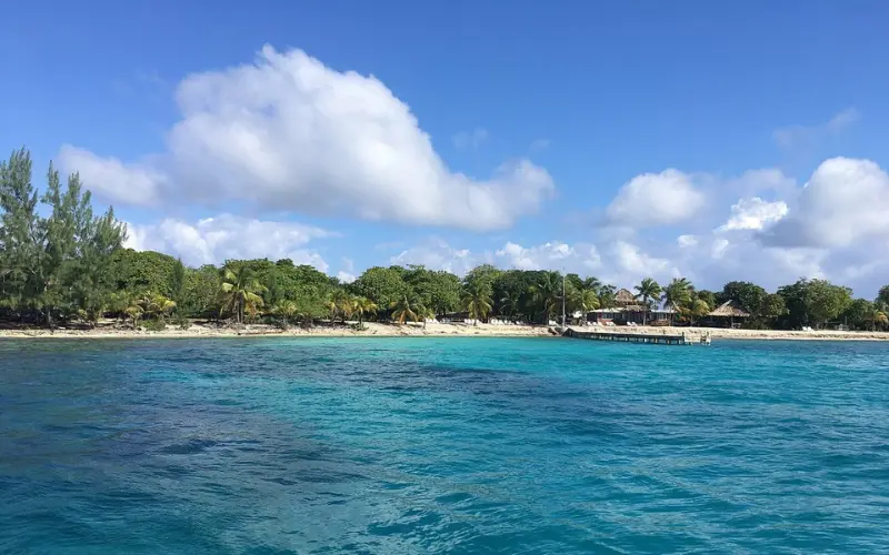Sandy shoreline and turquoise water at Utila, Bay Islands.