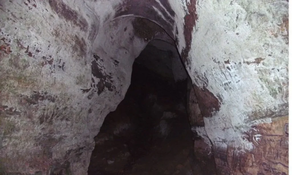 The entrance of Ogbunike Caves showing a dark tunnel within the rocky walls.