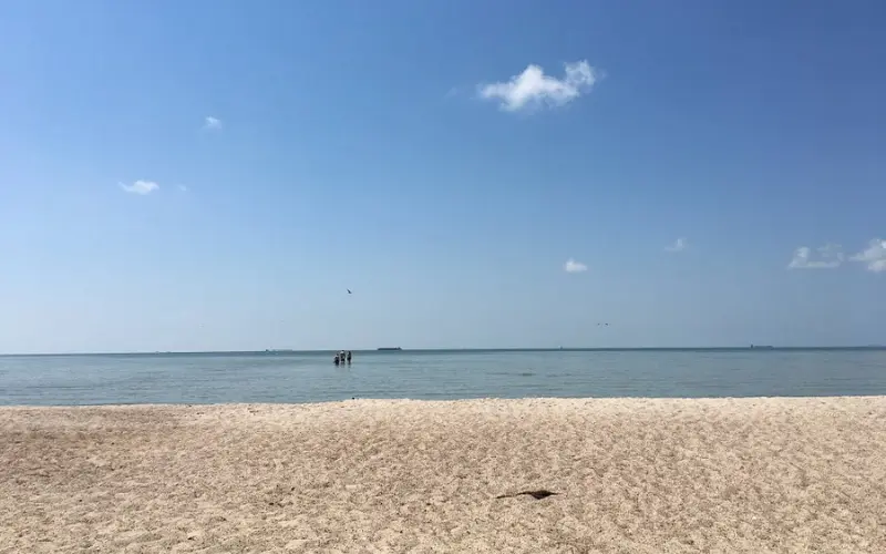 Sandy shoreline and calm water at Rockport Beach.
