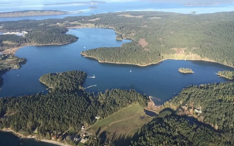 Aerial view of islands and waterways seen with San Juan Airlines.