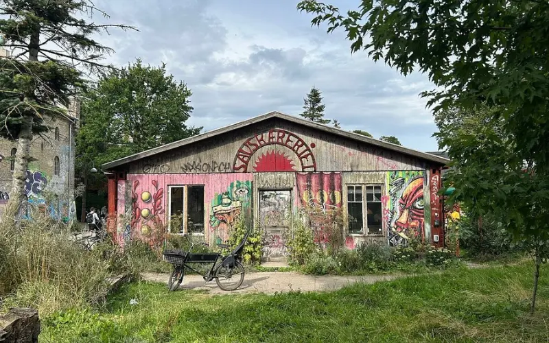 A graffiti-covered building in Freetown Christiania, Copenhagen.