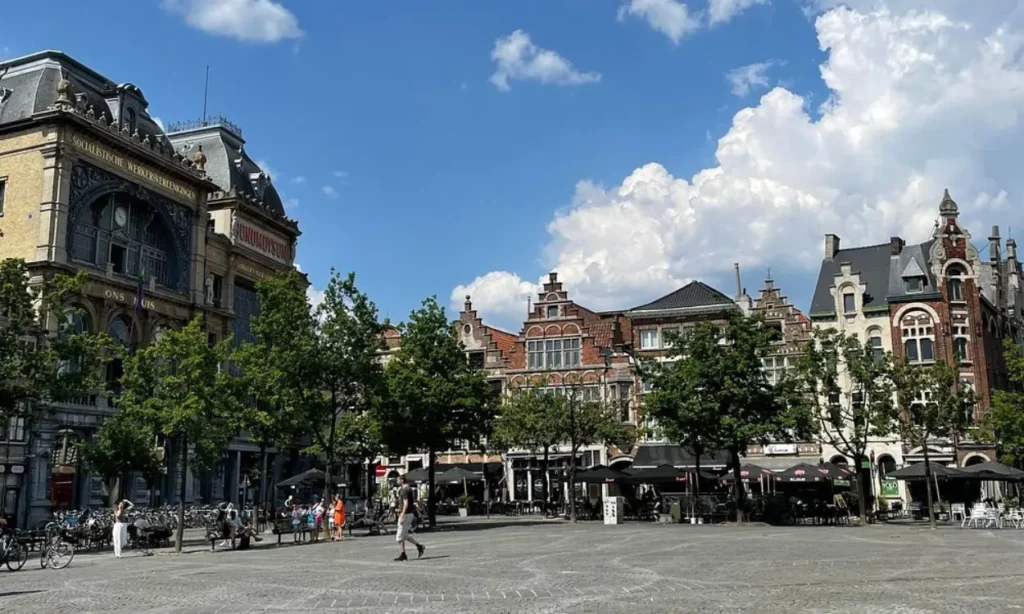 Vrijdagmarkt square surrounded by historic buildings and trees on a sunny day.